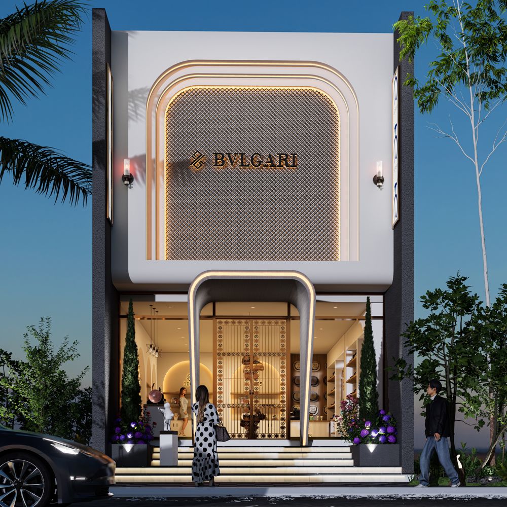 The Contemporary Façade: white showroom front with a gold-edged arched entrance