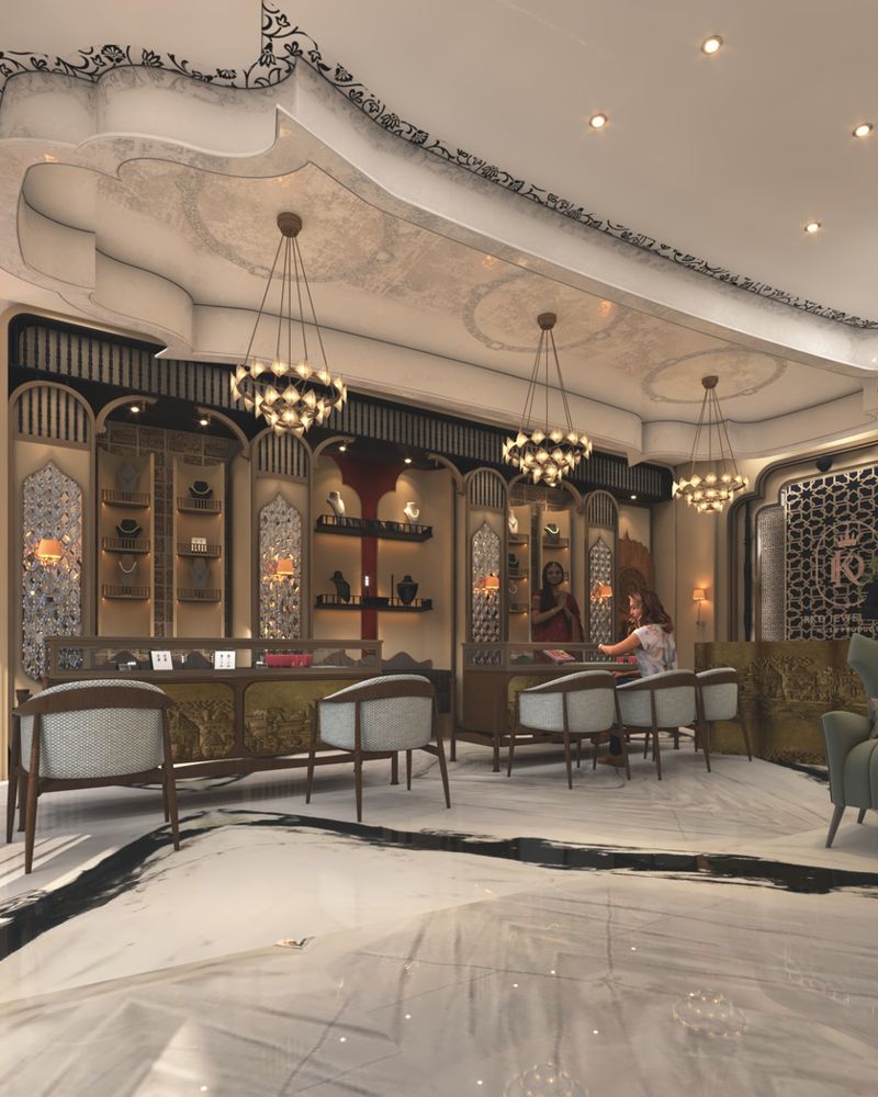 The Heritage Vault jewellery showroom interior with arched display niches and warm chandeliers